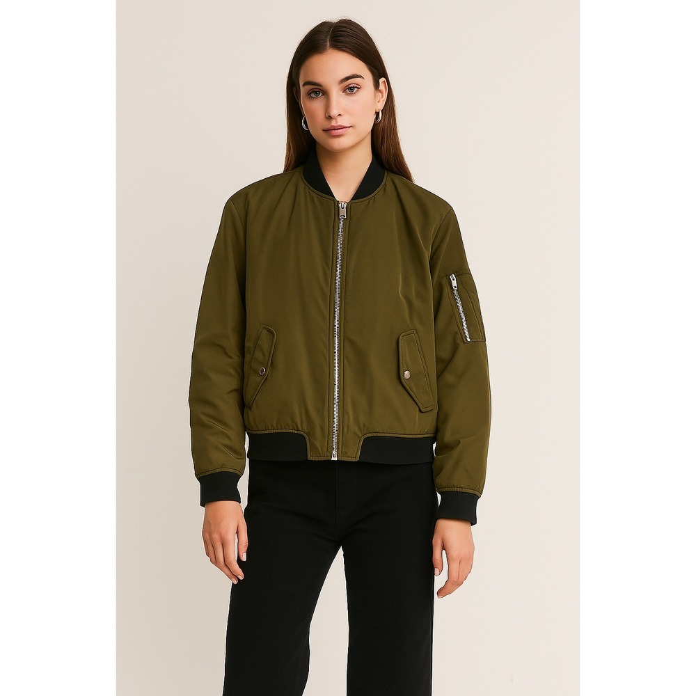 Zara Bomber Jacket Size M Olive Green Womens Full Zip Army Military Utility‎